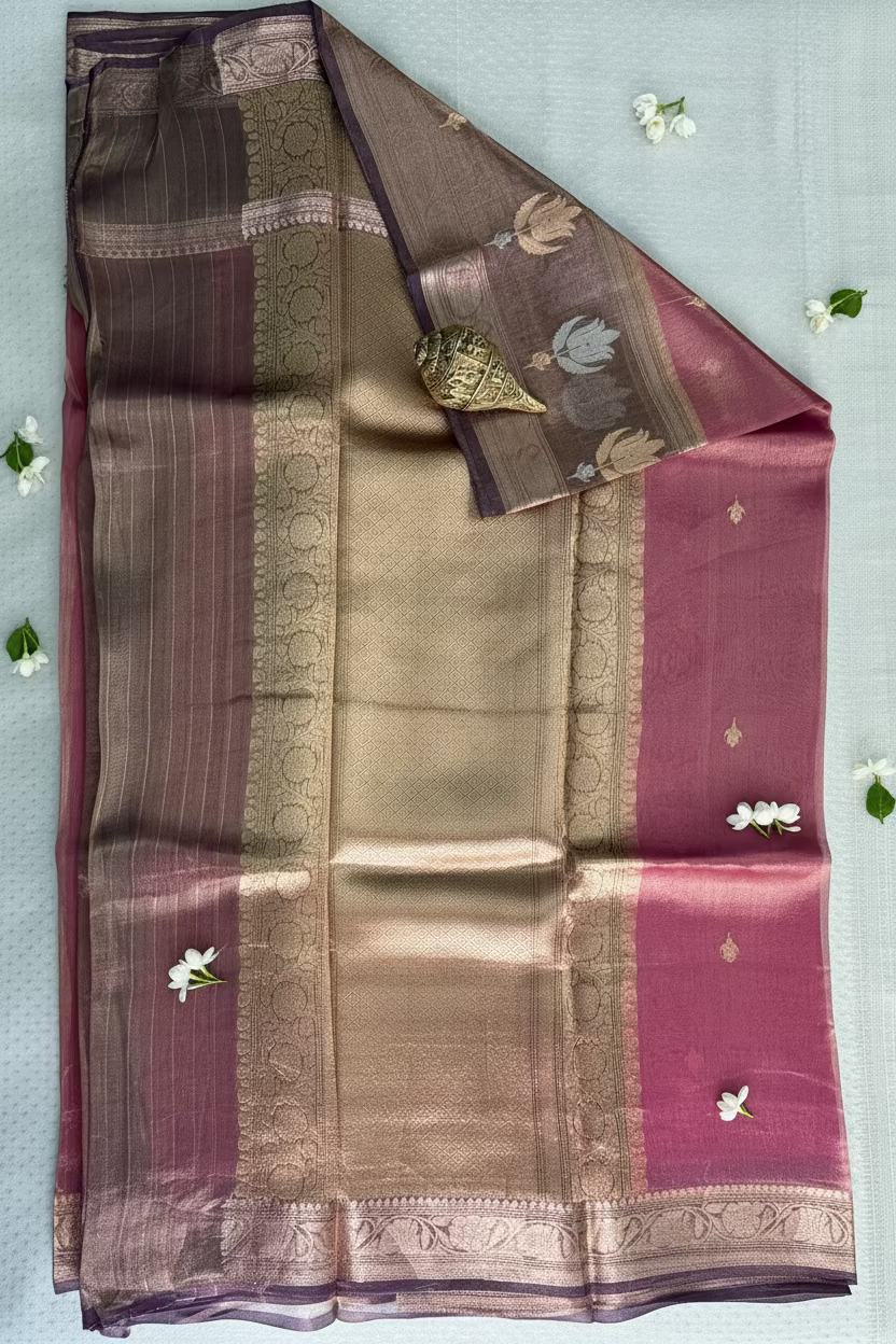 Dusty Rose Pink Pure Soft Tissue Silk Banarasi