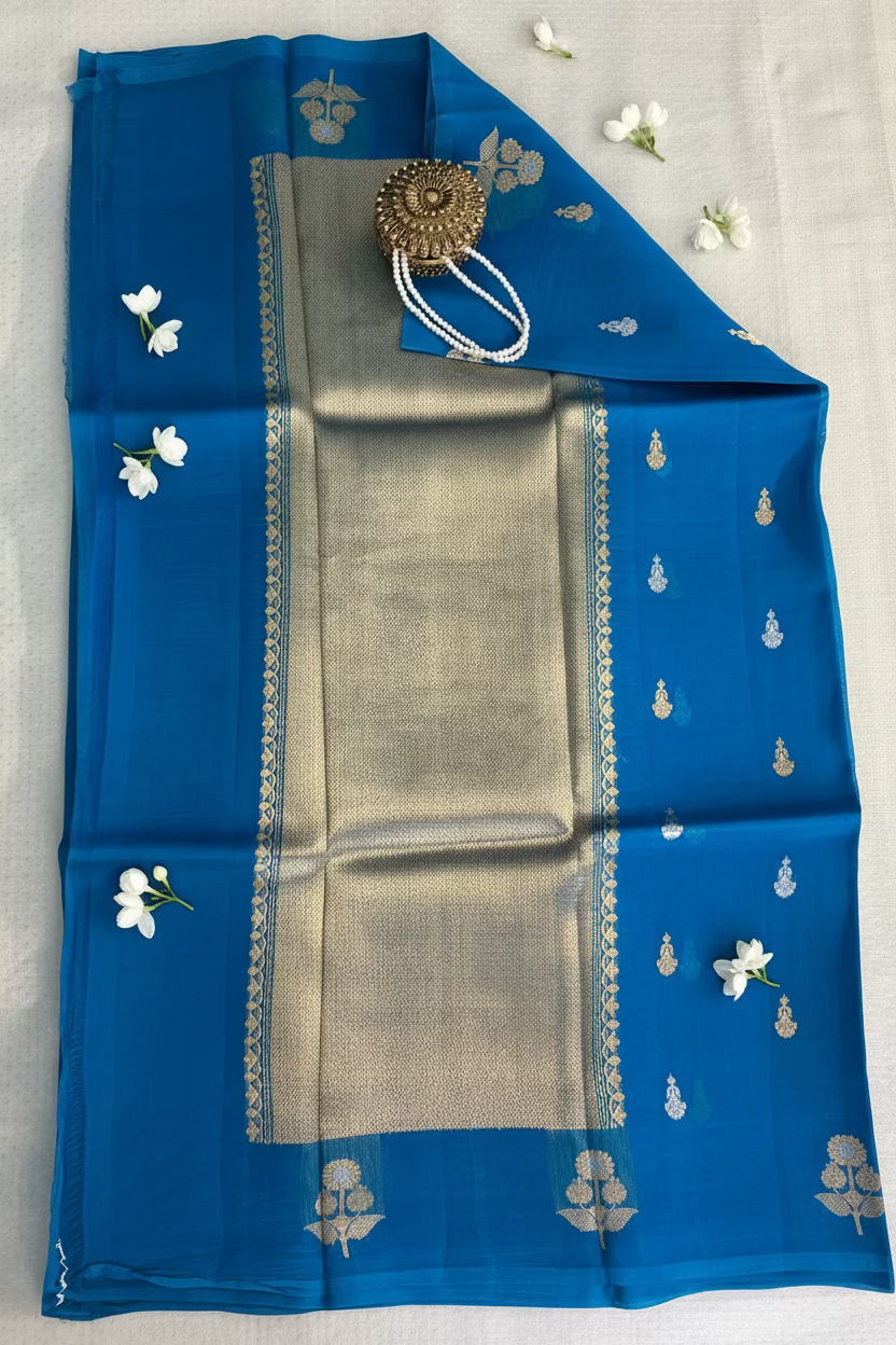 Royal Azure Blue Pure Kora Banarasi Silk