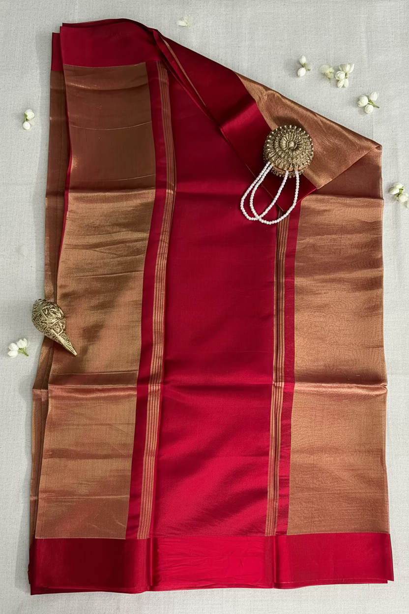 Red Chanderi Pattu Saree with Mashru Border