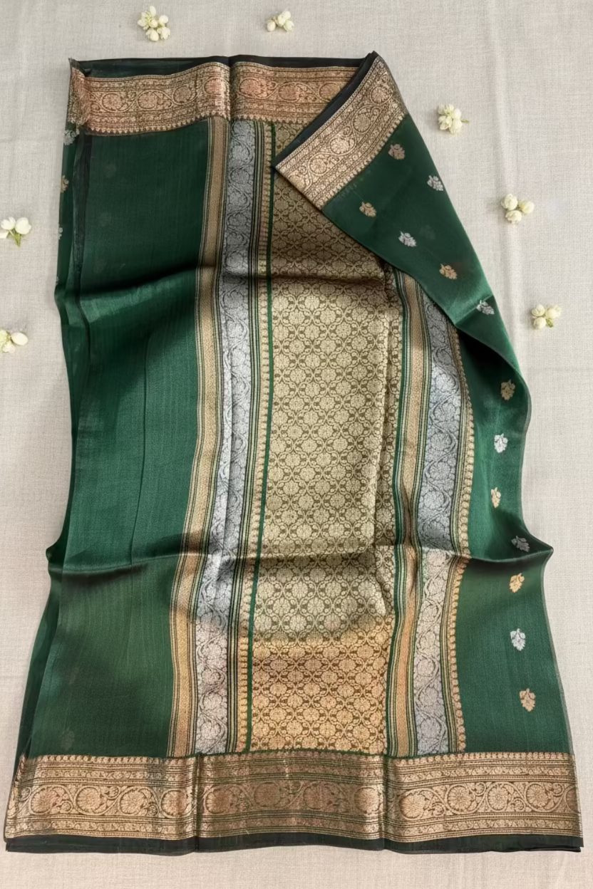 Emerald Green Pure Soft Tissue Silk Banarasi