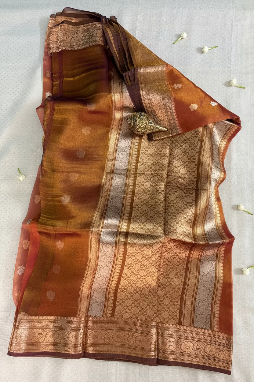 Burnt Copper Orange Pure Soft Tissue Silk Banarasi