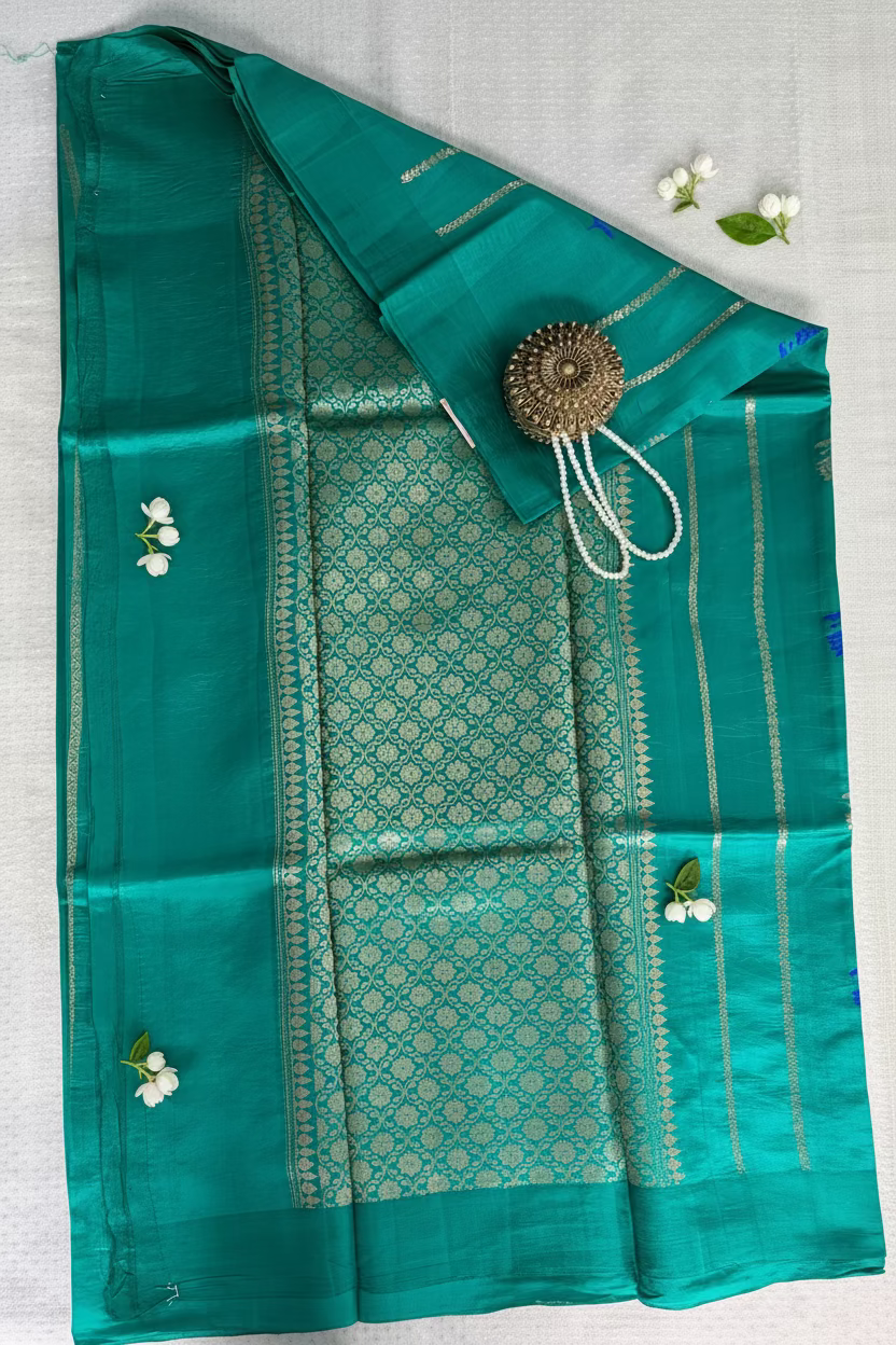 Sea Green Pure Mango Silk Banarasi with Meenakhari