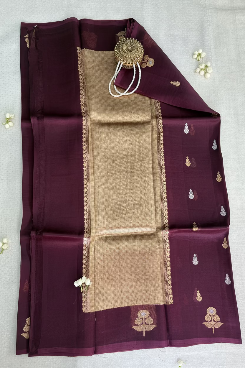 Royal Plum Pure Kora Banarasi Silk