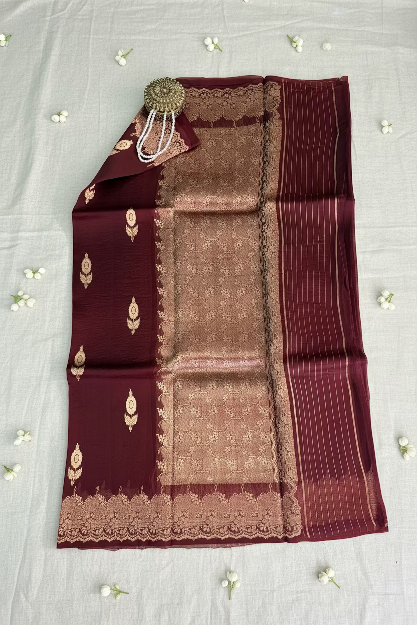 Royal Burgundy Pure Kora Banarasi Silk