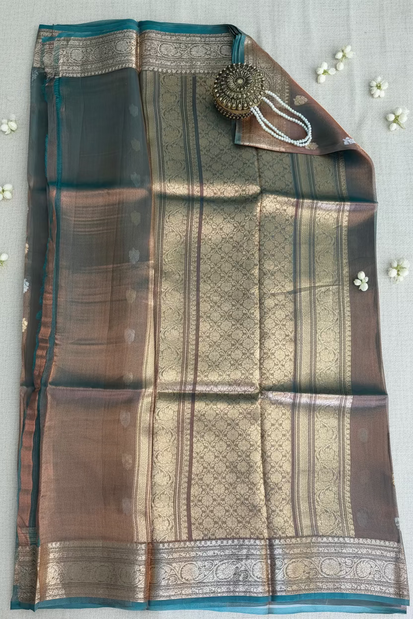 Dusty Copper Brown Pure Soft Tissue Silk Banarasi