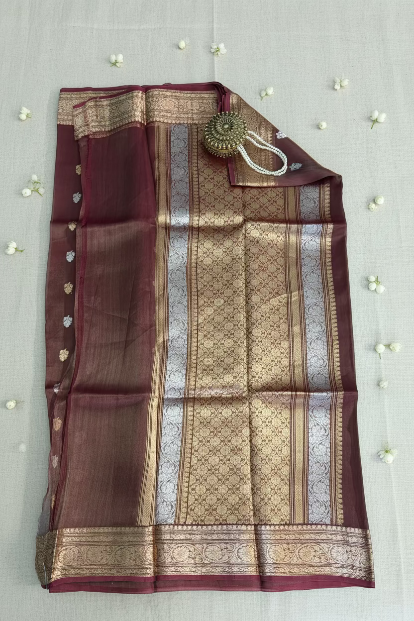 Wine Brown Pure Soft Tissue Silk Banarasi