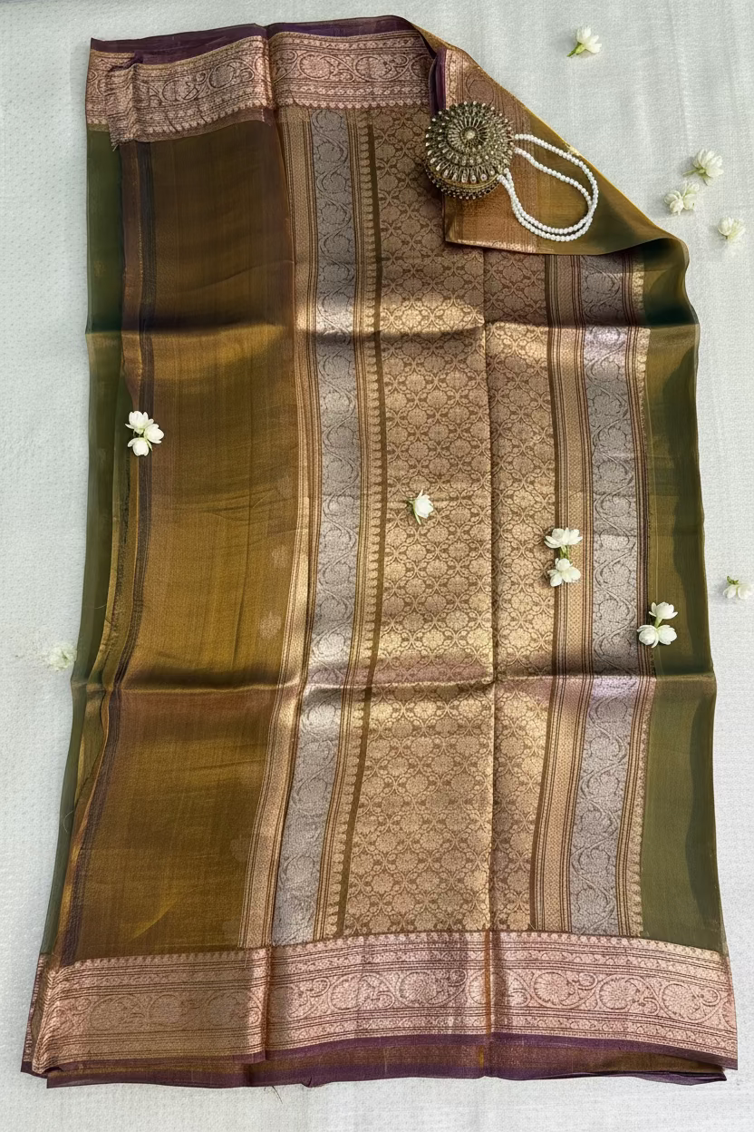 Olive Moss Green Pure Soft Tissue Silk Banarasi