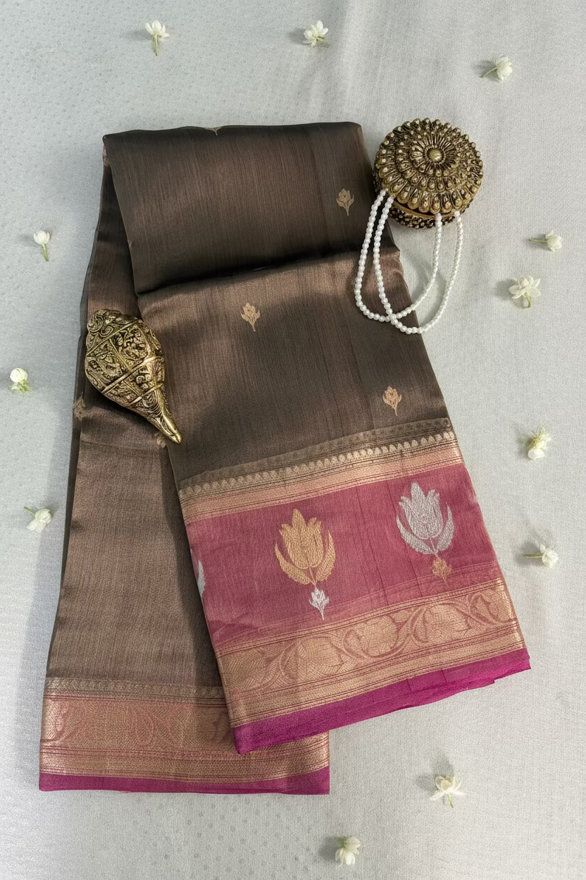 Mocha Brown Pure Soft Tissue Silk Banarasi