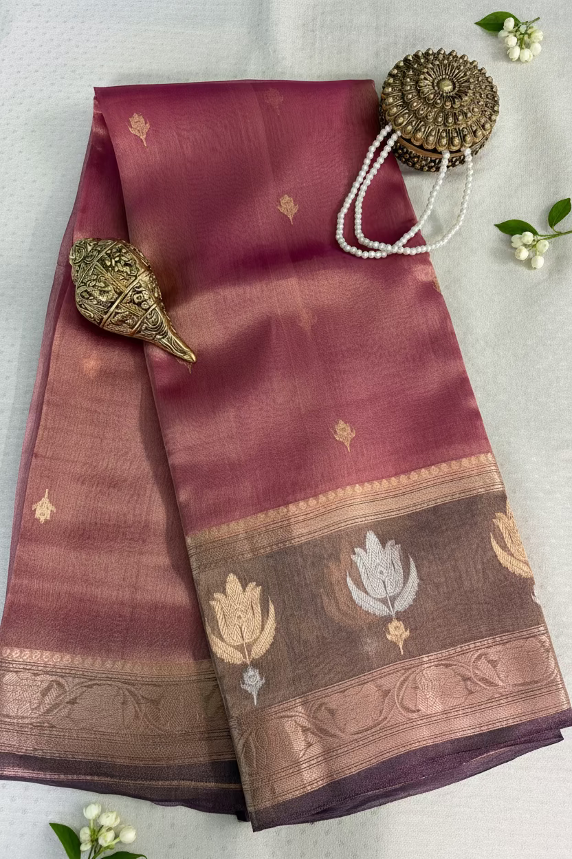 Dusty Rose Pink Pure Soft Tissue Silk Banarasi