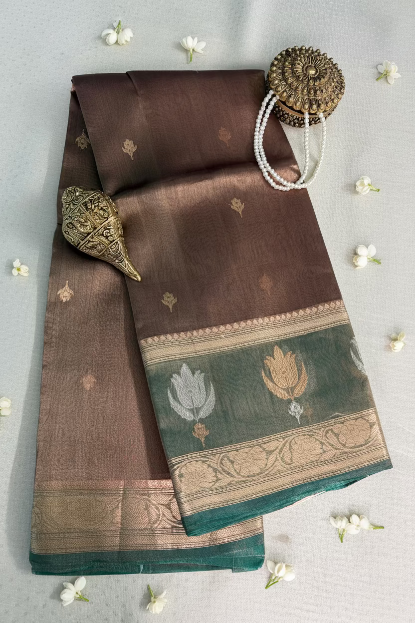 Mauve Brown Pure Soft Tissue Silk Banarasi