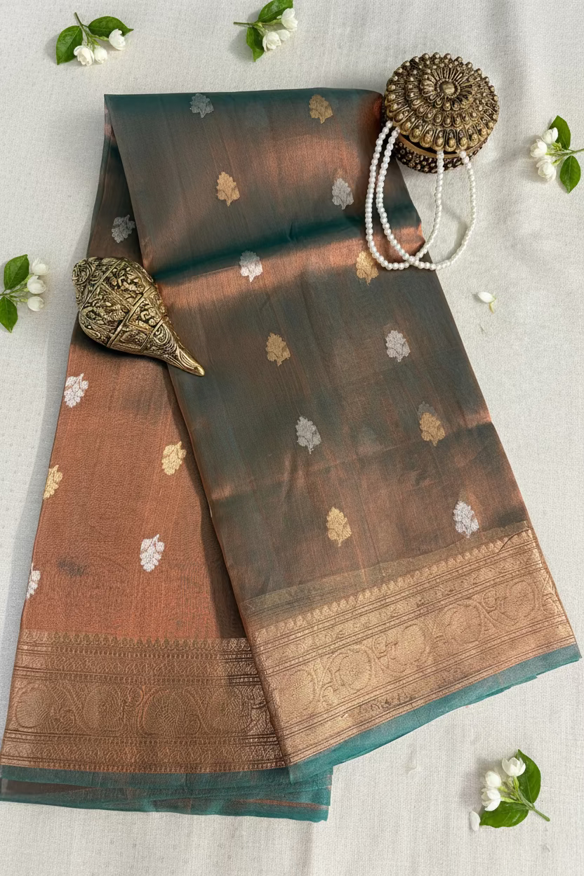 Dusty Copper Brown Pure Soft Tissue Silk Banarasi