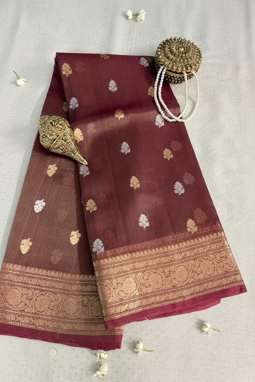 Wine Brown Pure Soft Tissue Silk Banarasi