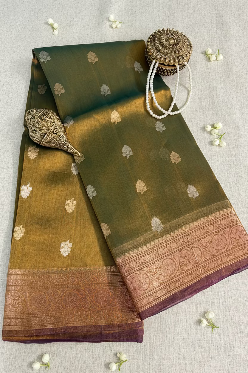 Olive Moss Green Pure Soft Tissue Silk Banarasi