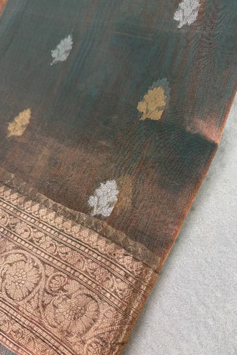 Dusty Copper Brown Pure Soft Tissue Silk Banarasi