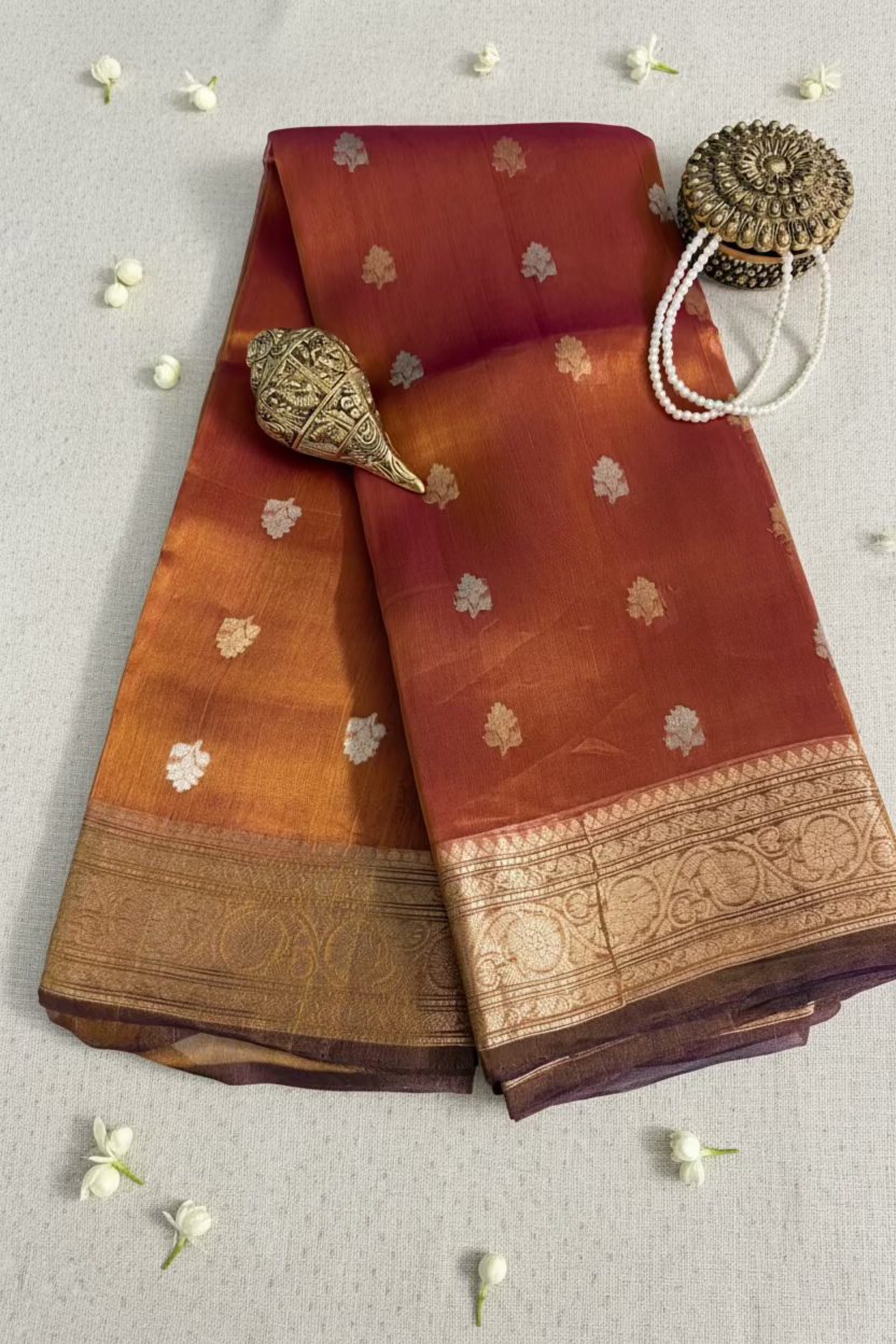 Burnt Copper Orange Pure Soft Tissue Silk Banarasi