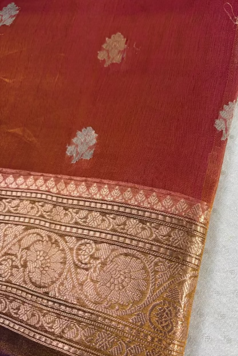 Burnt Copper Orange Pure Soft Tissue Silk Banarasi
