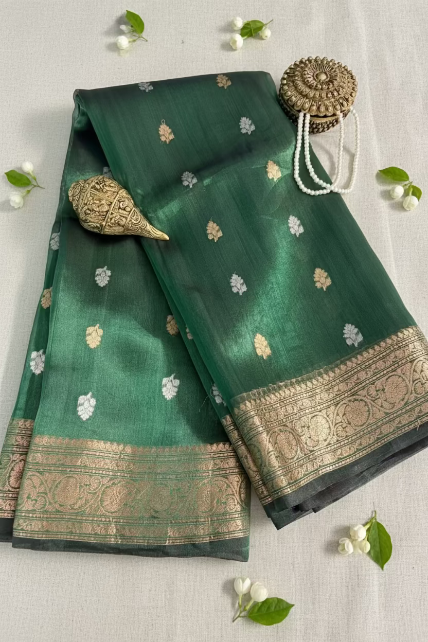Emerald Green Pure Soft Tissue Silk Banarasi
