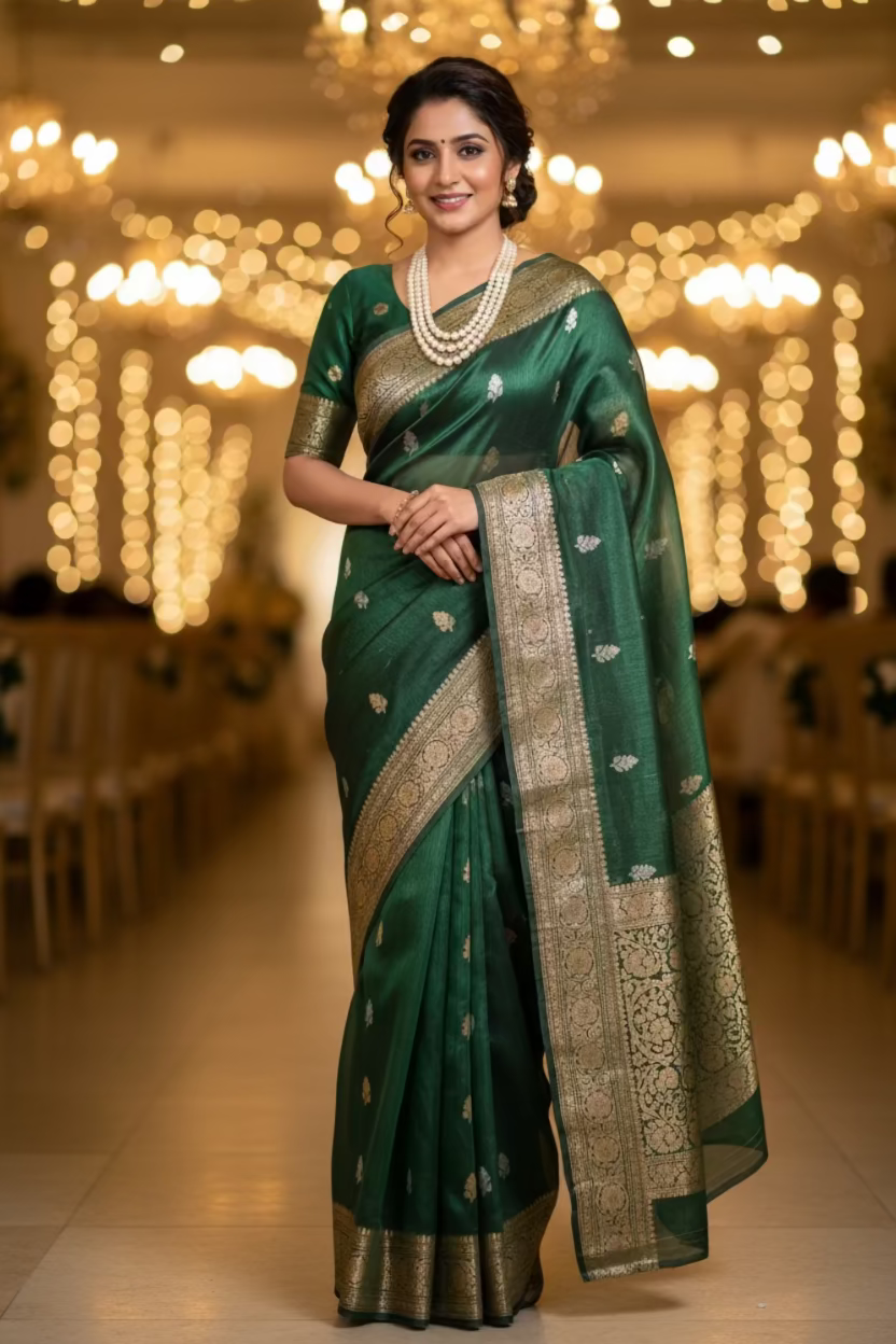 Emerald Green Pure Soft Tissue Silk Banarasi