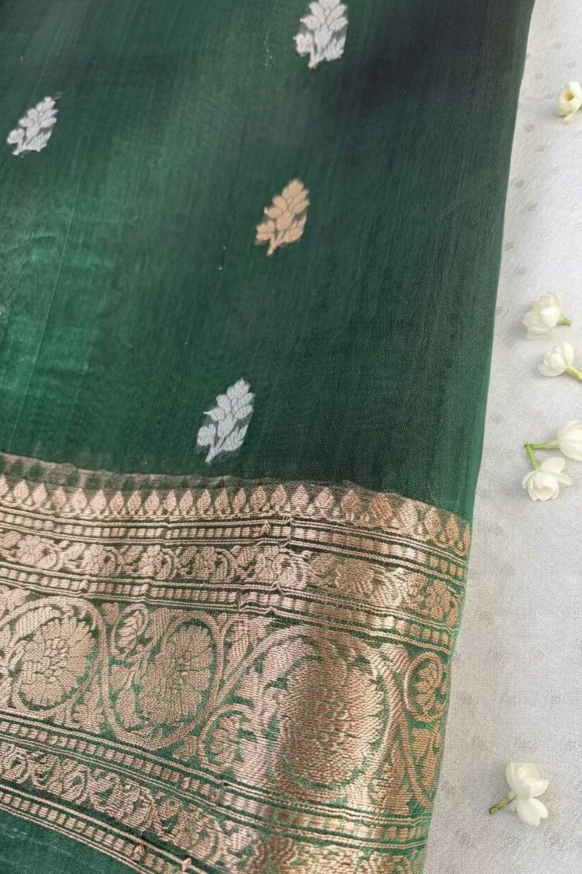 Emerald Green Pure Soft Tissue Silk Banarasi