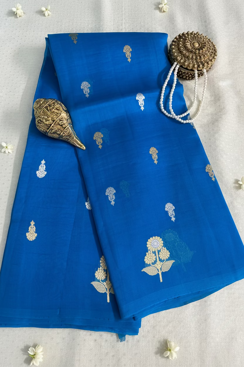 Royal Azure Blue Pure Kora Banarasi Silk