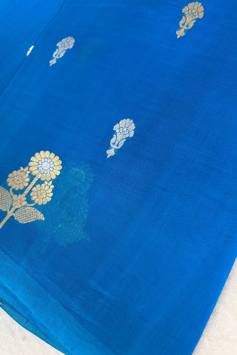 Royal Azure Blue Pure Kora Banarasi Silk