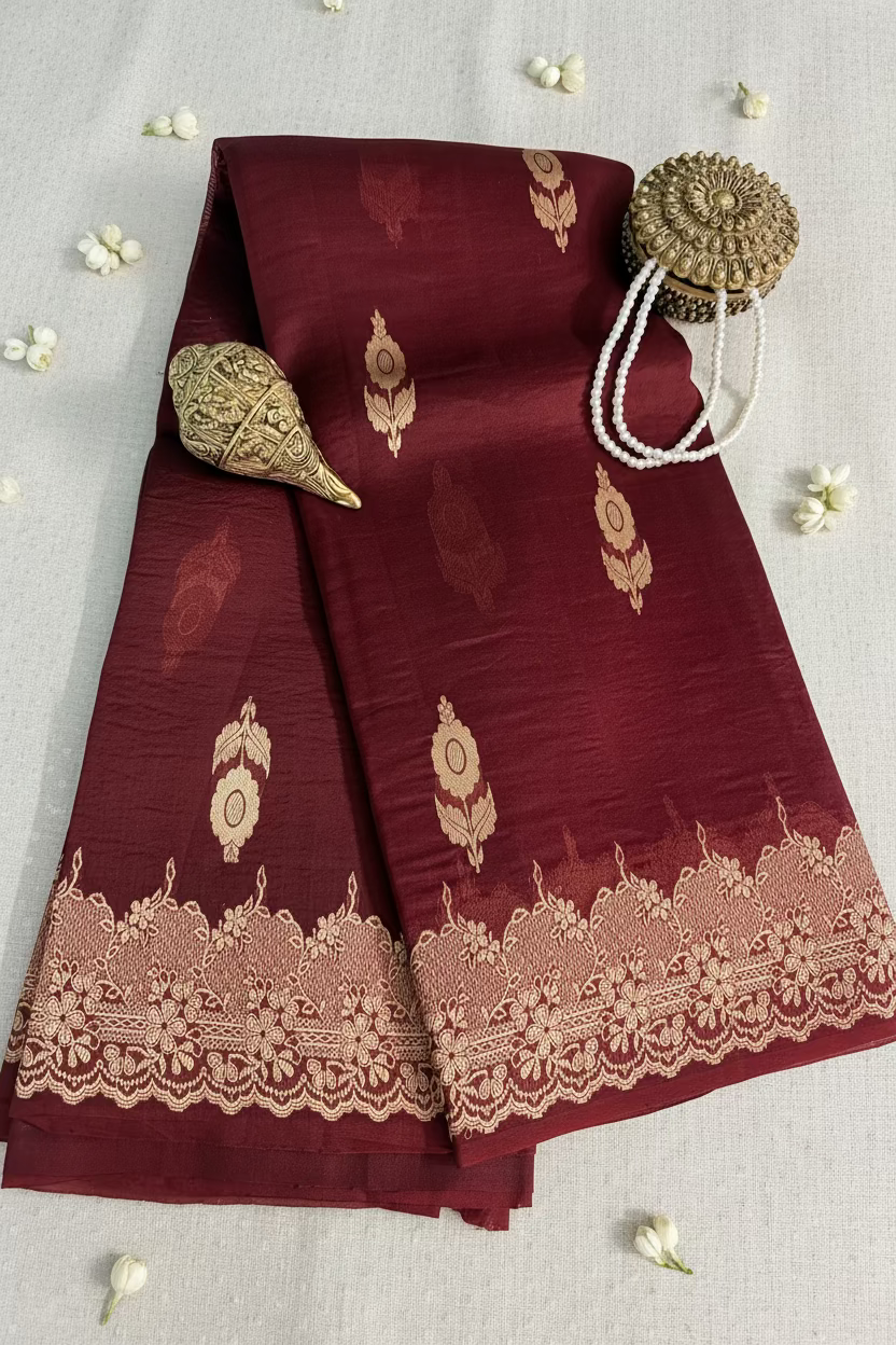 Royal Burgundy Pure Kora Banarasi Silk