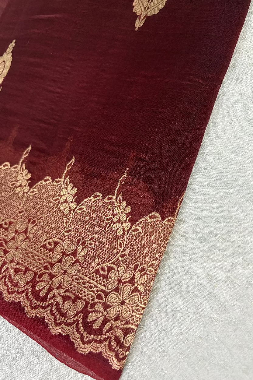 Royal Burgundy Pure Kora Banarasi Silk