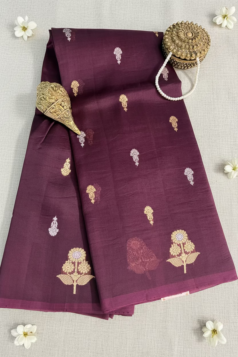 Royal Plum Pure Kora Banarasi Silk