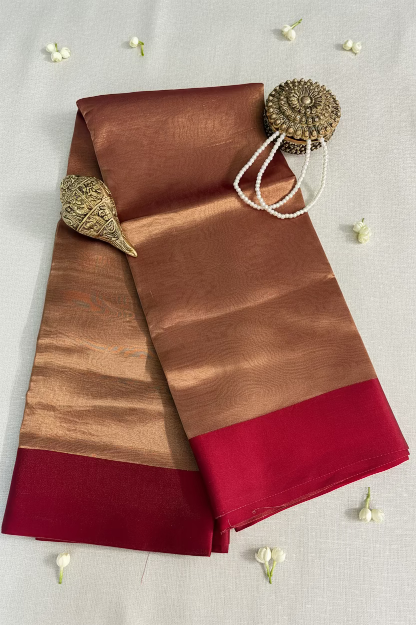 Red Chanderi Pattu Saree with Mashru Border