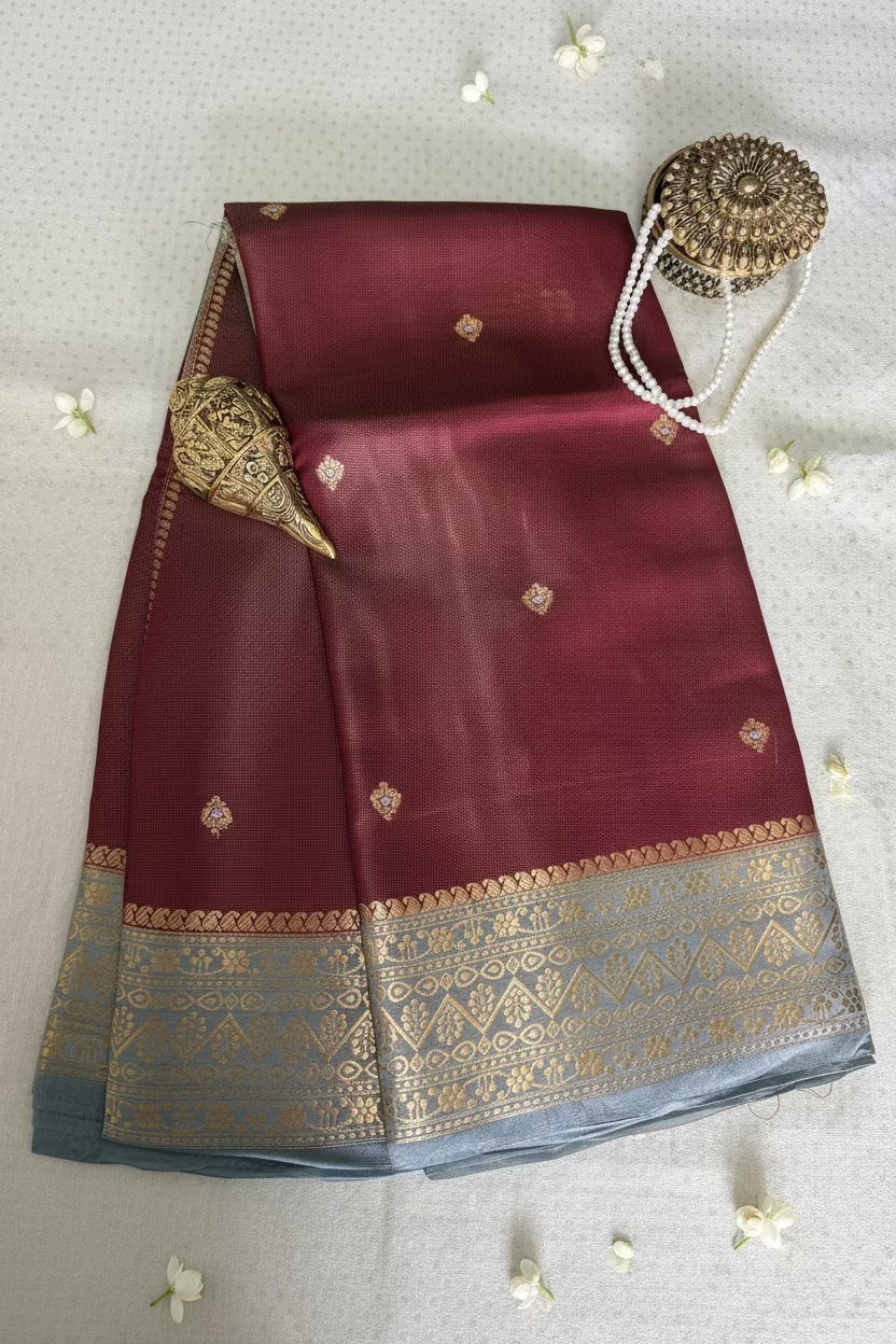 Deep Wine Maroon Mango Tissue Banarasi Silk