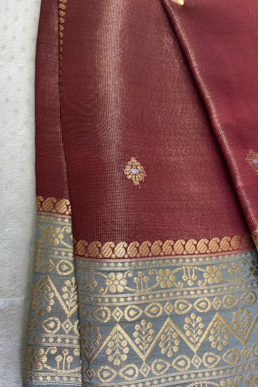 Deep Wine Maroon Mango Tissue Banarasi Silk