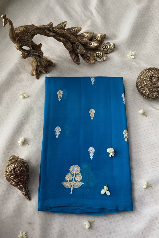 Royal Azure Blue Pure Kora Banarasi Silk