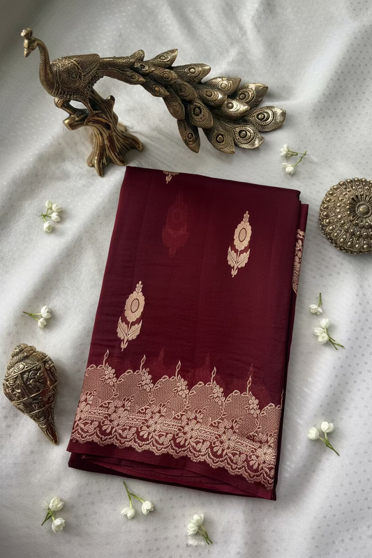 Royal Burgundy Pure Kora Banarasi Silk