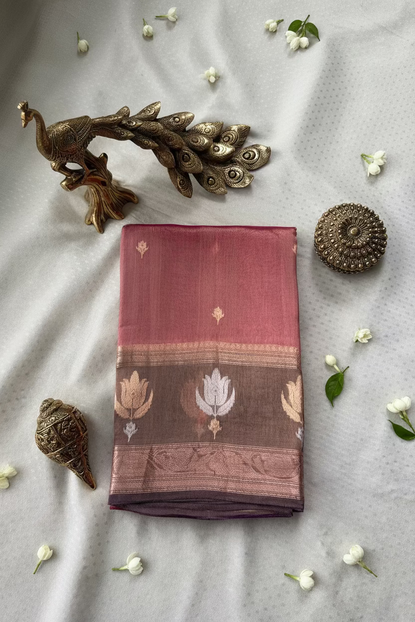 Dusty Rose Pink Pure Soft Tissue Silk Banarasi
