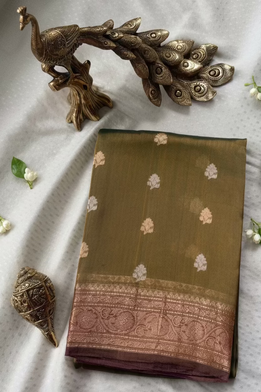Olive Moss Green Pure Soft Tissue Silk Banarasi