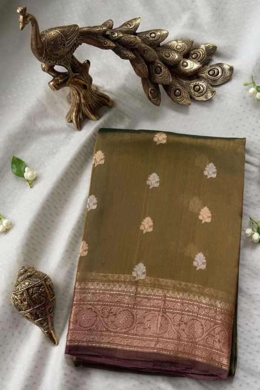 Olive Moss Green Pure Soft Tissue Silk Banarasi