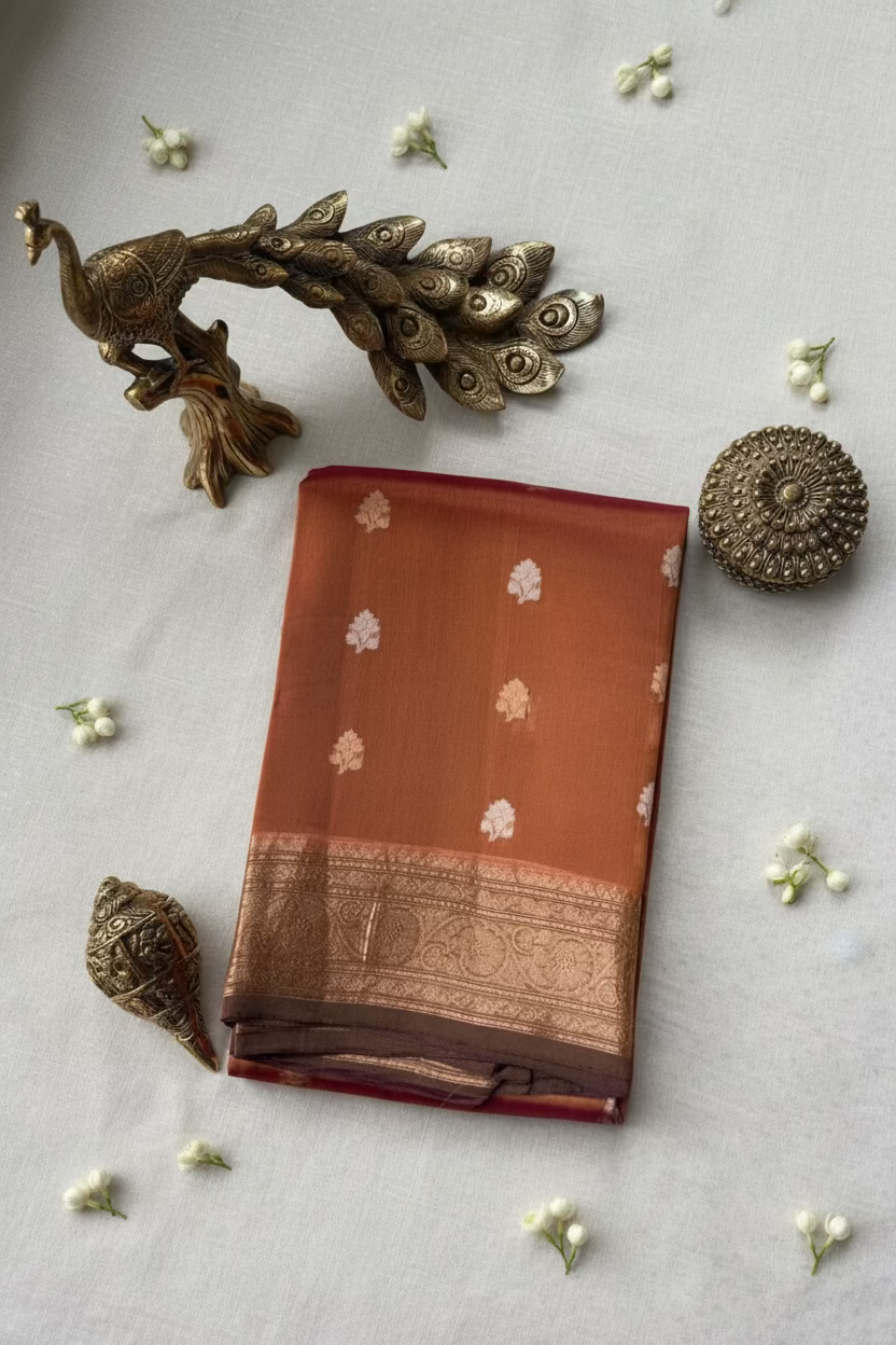 Burnt Copper Orange Pure Soft Tissue Silk Banarasi