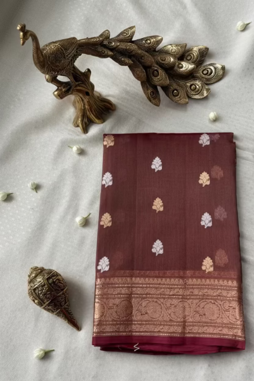 Wine Brown Pure Soft Tissue Silk Banarasi