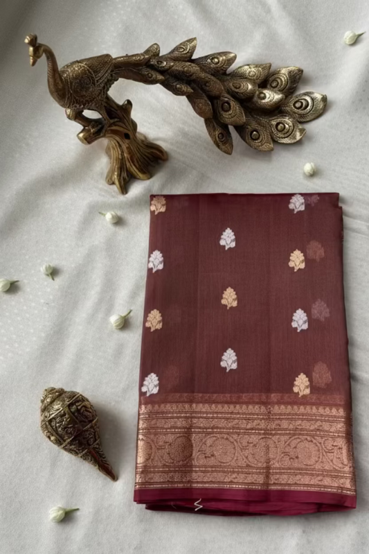 Wine Brown Pure Soft Tissue Silk Banarasi