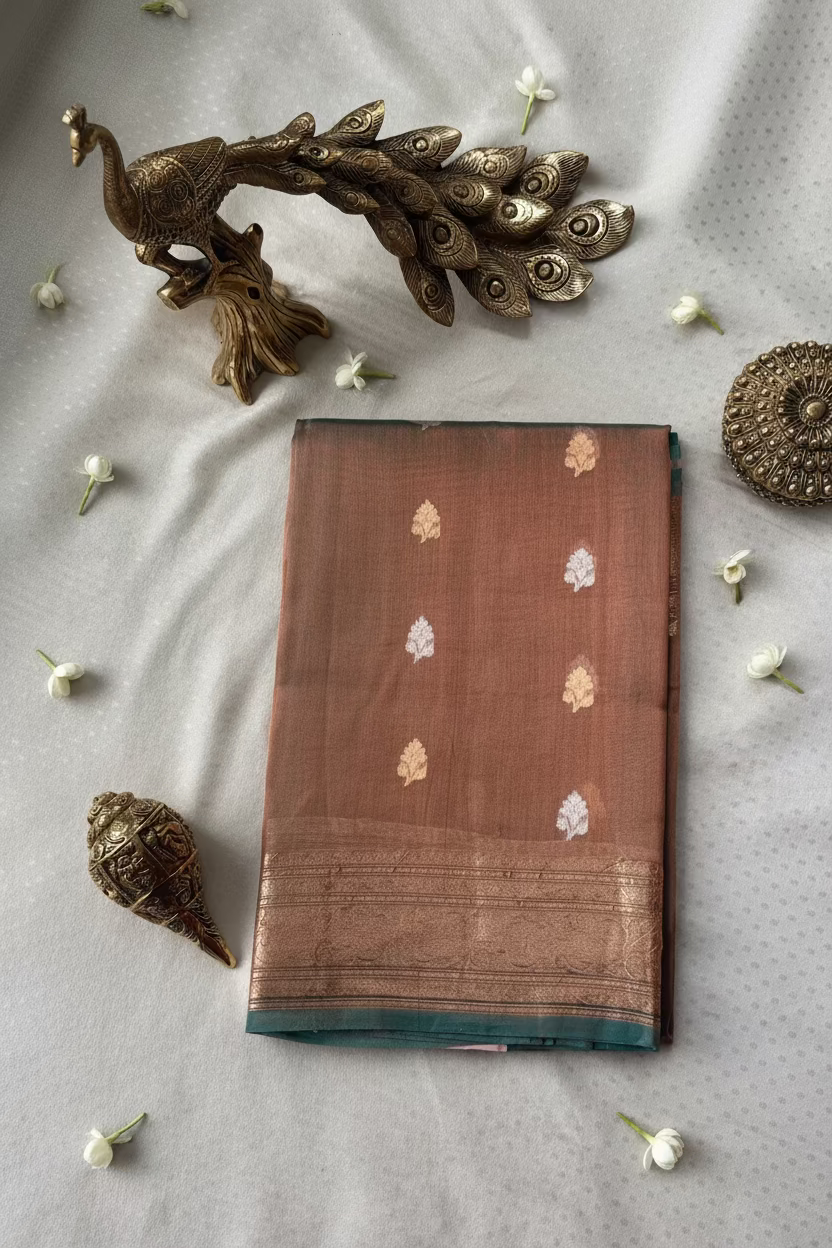 Dusty Copper Brown Pure Soft Tissue Silk Banarasi