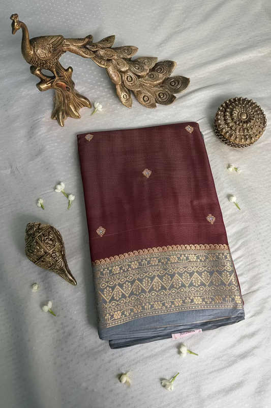 Deep Wine Maroon Mango Tissue Banarasi Silk