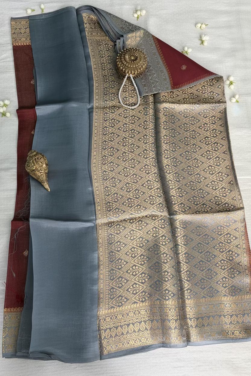 Deep Wine Maroon Mango Tissue Banarasi Silk