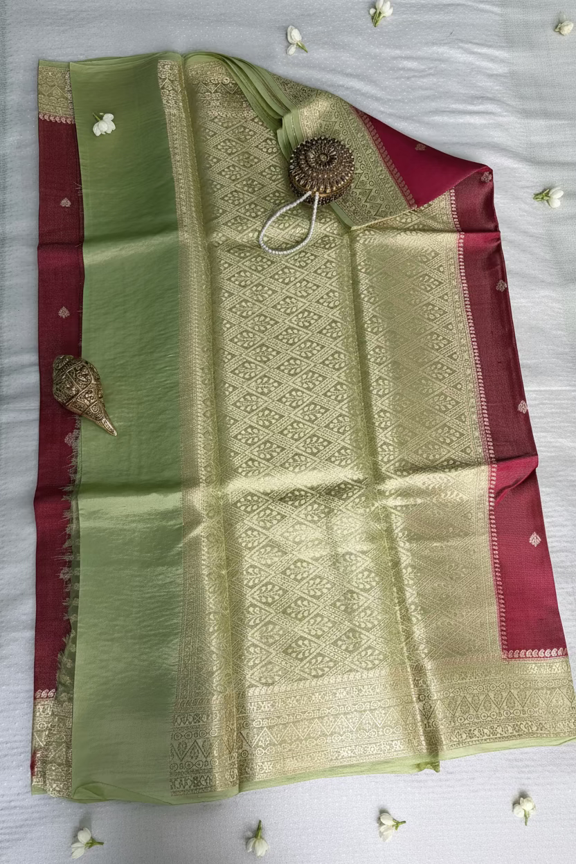 Premium Deep Magenta Pink Mango Tissue Banarasi Silk
