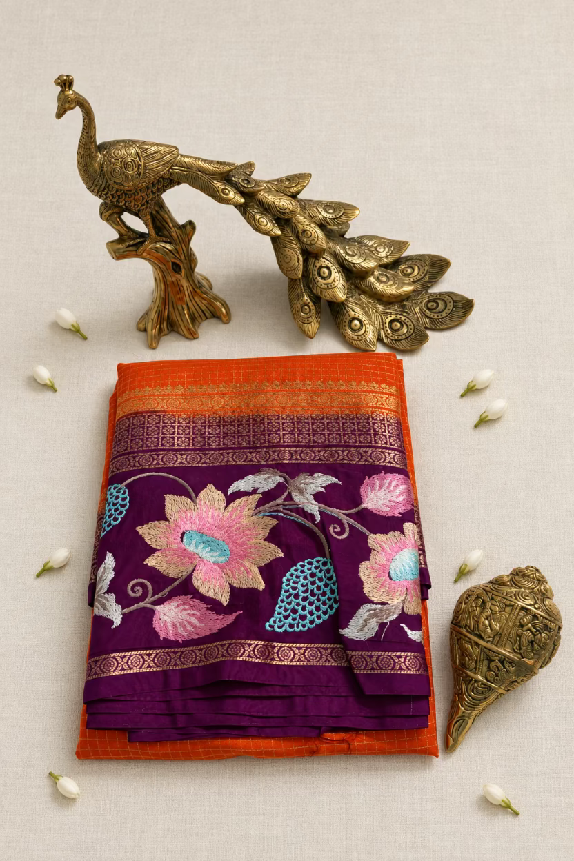 Orange Semi Mysore Silk with Embroidery
