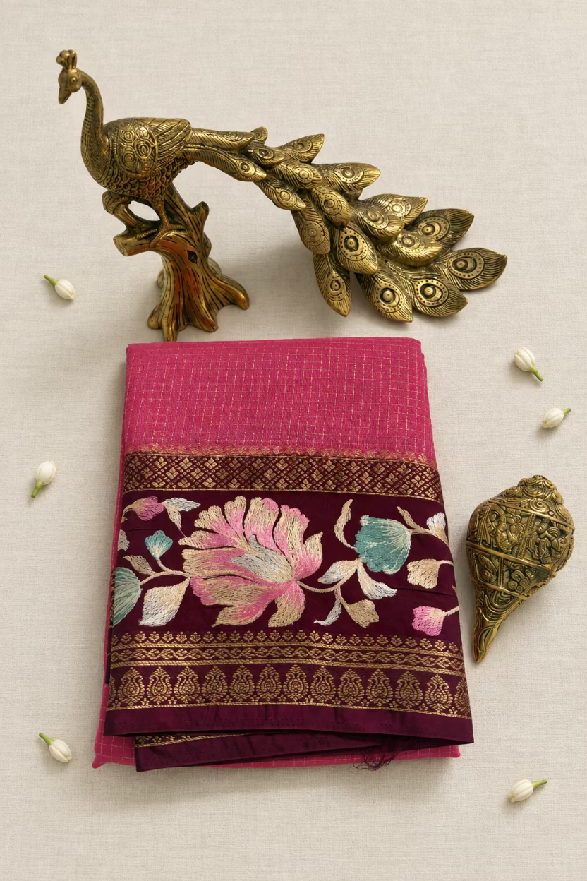 Pink Semi Mysore Silk with Embroidary