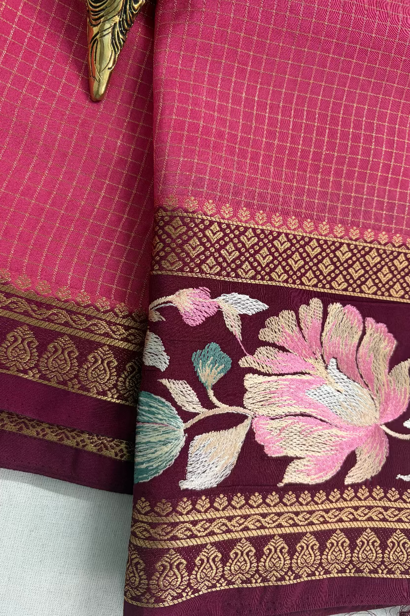 Pink Semi Mysore Silk with Embroidary