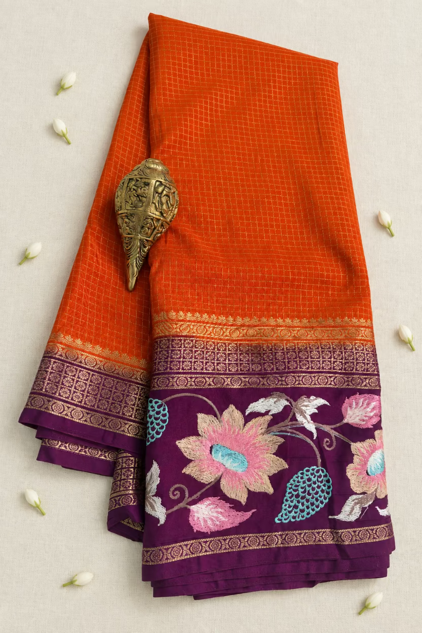 Orange Semi Mysore Silk with Embroidery