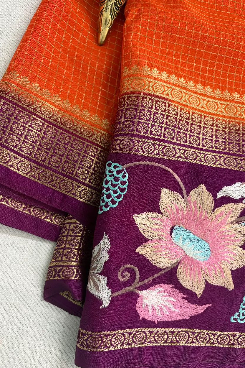 Orange Semi Mysore Silk with Embroidery