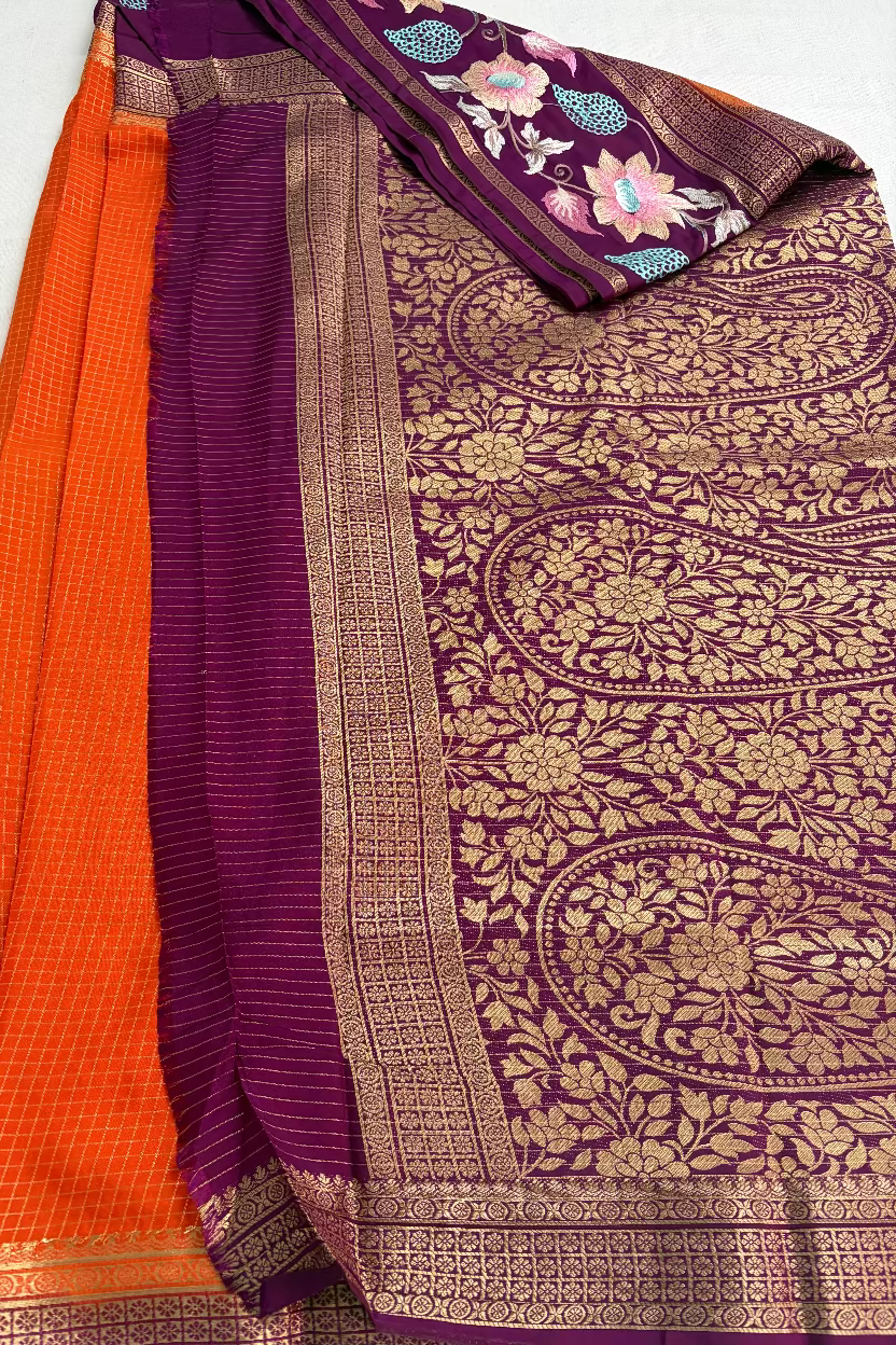Orange Semi Mysore Silk with Embroidery