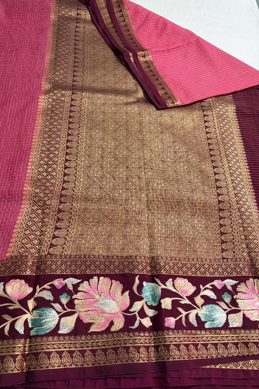 Pink Semi Mysore Silk with Embroidary